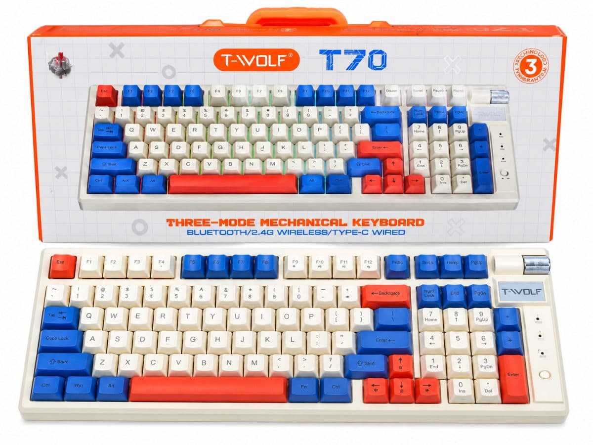 T-WOLF T70 Three-Mode Mechanical Keyboard ( BLUETOOTH,2.4G WIRELESS,🔌 TYPE-C WIRED)